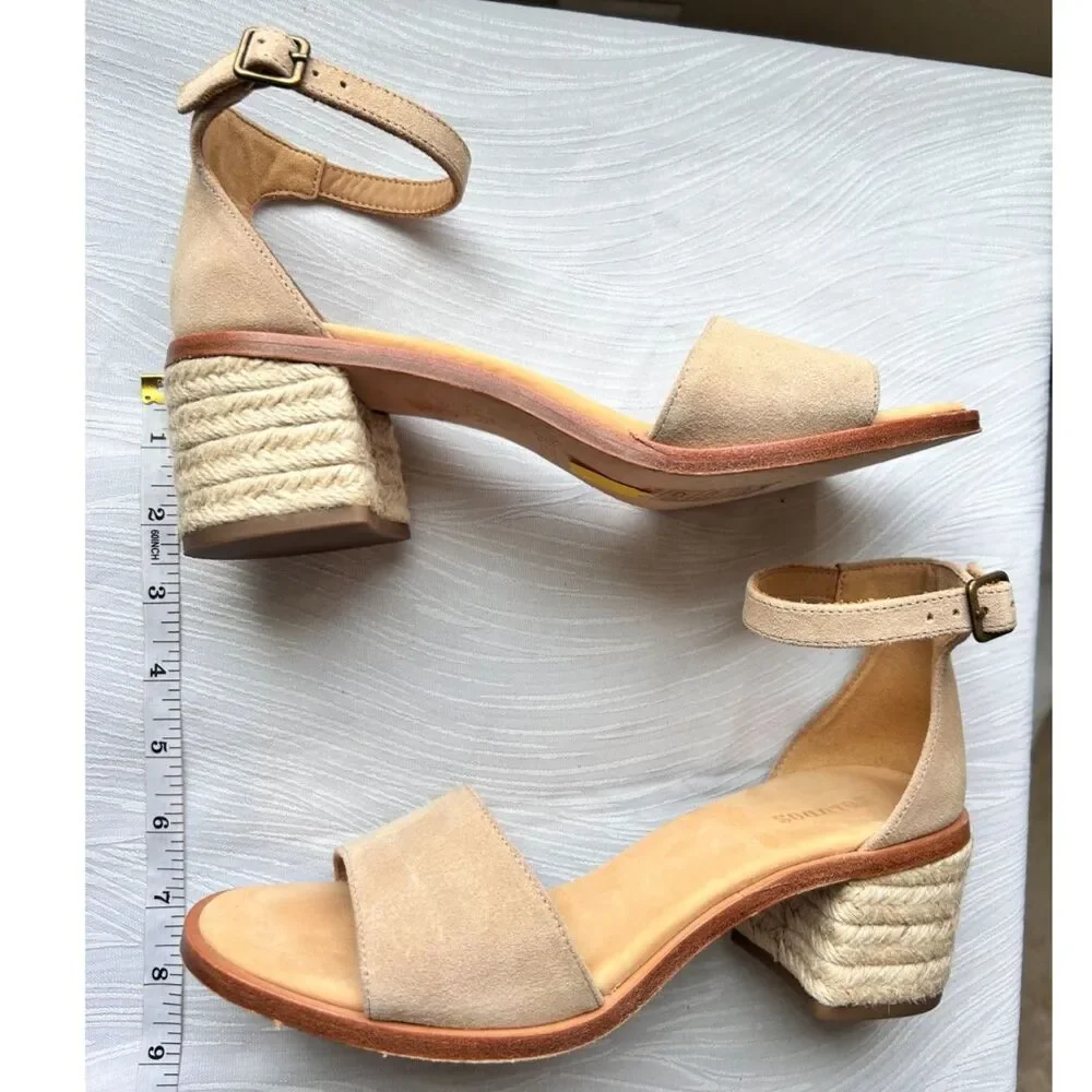 Soludos Capri Cream Beige Suede Block Heel Espadrille Ankle Strap Sandals